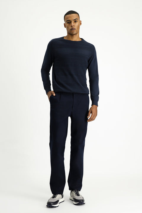 Dark Navy Regular Fit Standard Cut Lycra Pleated Canvas / Chino Trousers