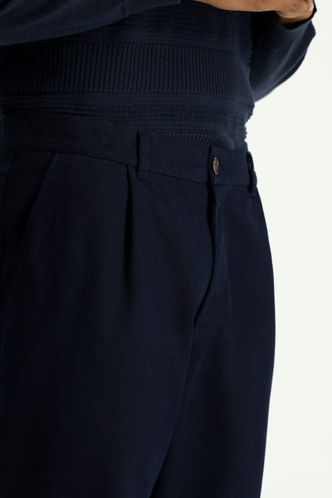 Dark Navy Regular Fit Standard Cut Lycra Pleated Canvas / Chino Trousers