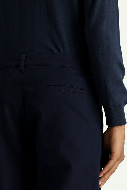 Dark Navy Relaxed Fit Stretch Pleated Canvas / Chino Trousers