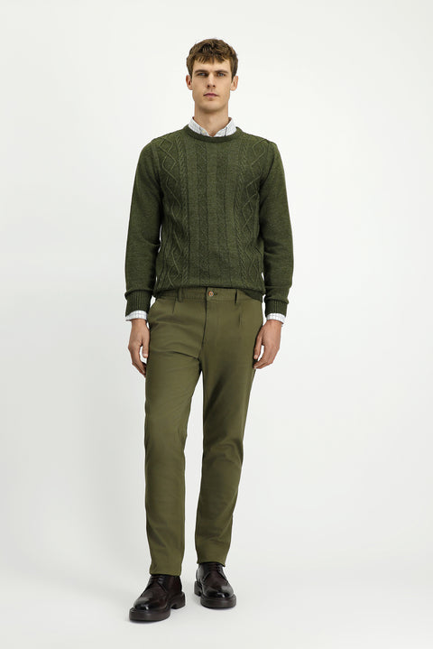 Khaki Regular Fit Standard Cut Lycra Pleated Canvas / Chino Trousers