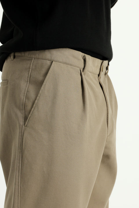 Medium Mink Relaxed Fit Stretchy Pleated Canvas / Chino Trousers
