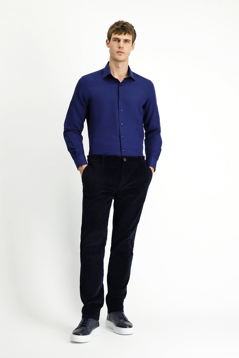 Dark Navy Regular Fit Standard Cut Lycra Pleated Corduroy Trousers