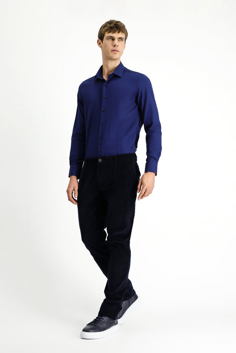 Dark Navy Regular Fit Standard Cut Lycra Pleated Corduroy Trousers