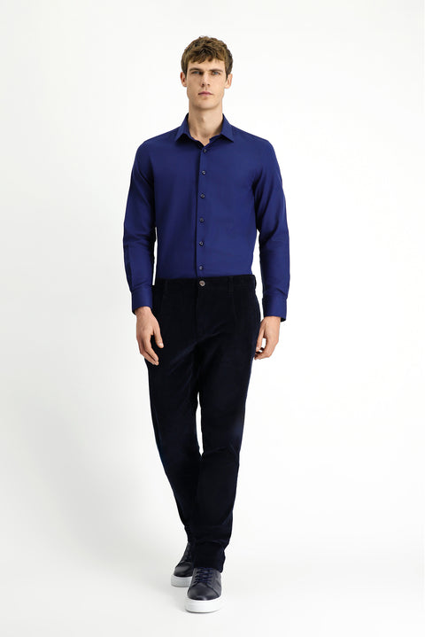 Dark Navy Regular Fit Standard Cut Lycra Pleated Corduroy Trousers