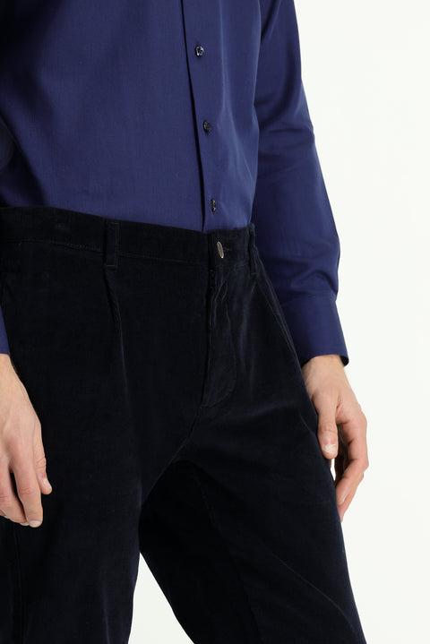 Dark Navy Regular Fit Standard Cut Lycra Pleated Corduroy Trousers