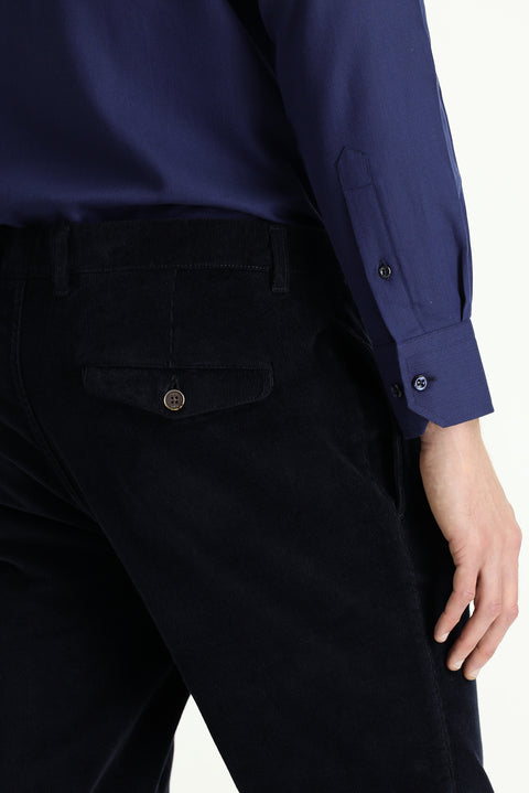 Dark Navy Relaxed Fit Stretch Pleated Velvet Trousers