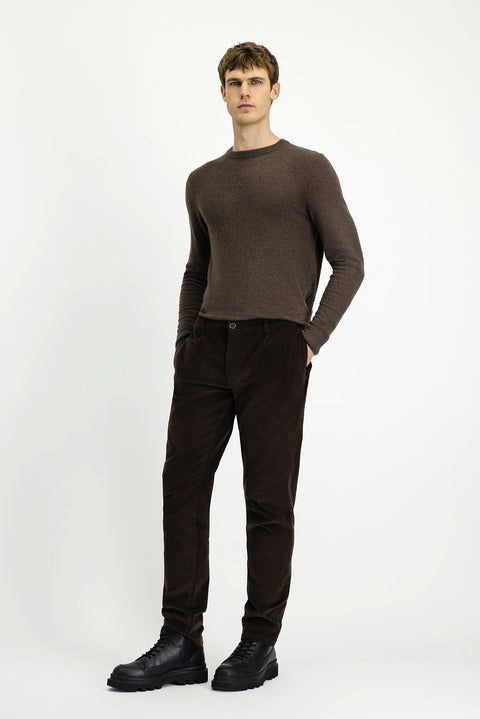 Dark Brown Relaxed Fit Stretch Pleated Corduroy Trousers