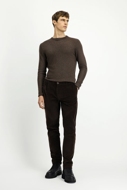 Dark Brown Regular Fit Standard Cut Lycra Pleated Velvet Trousers