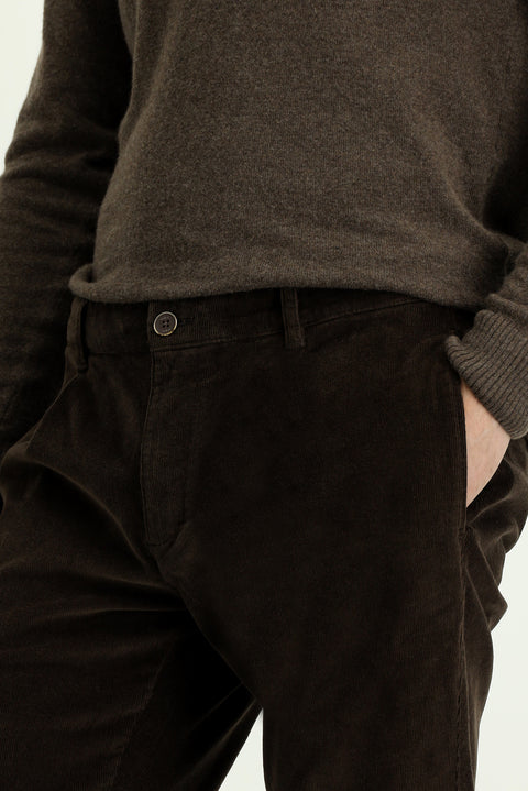 Dark Brown Relaxed Fit Stretch Pleated Corduroy Trousers