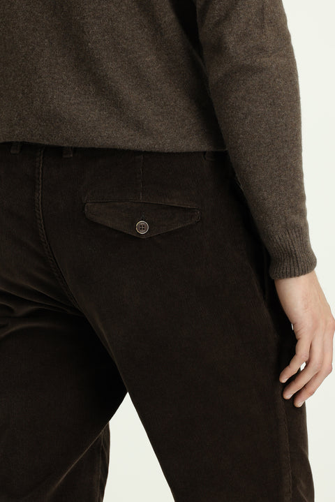 Dark Brown Relaxed Fit Stretch Pleated Corduroy Trousers