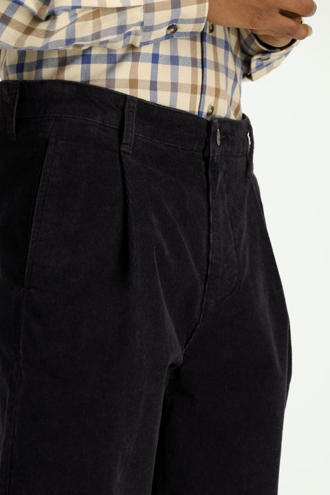 Dark Anthracite Relaxed Fit Stretch Pleated Corduroy Trousers