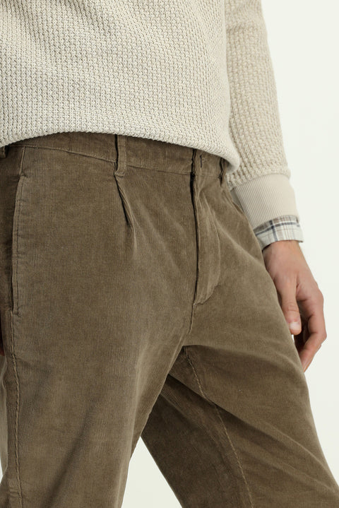 Mid Mink Relaxed Fit Elasticated Pleated Corduroy Trousers