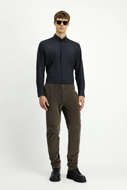 Dark Mink Regular Fit Standard Cut Lycra Pleated Velvet Trousers