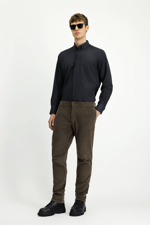 Dark Mink Regular Fit Standard Cut Lycra Pleated Velvet Trousers