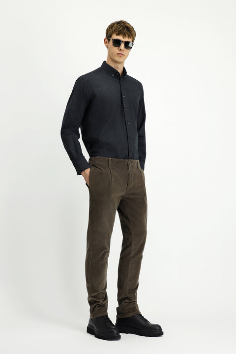 Dark Mink Relaxed Fit Stretchy Pleated Velvet Trousers