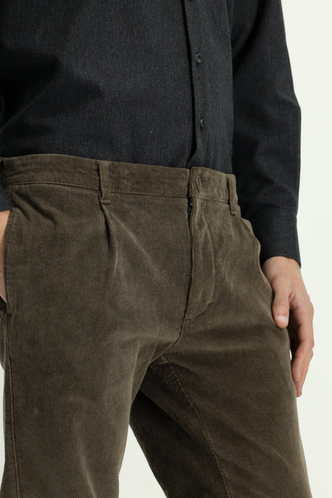 Dark Mink Relaxed Fit Stretchy Pleated Velvet Trousers