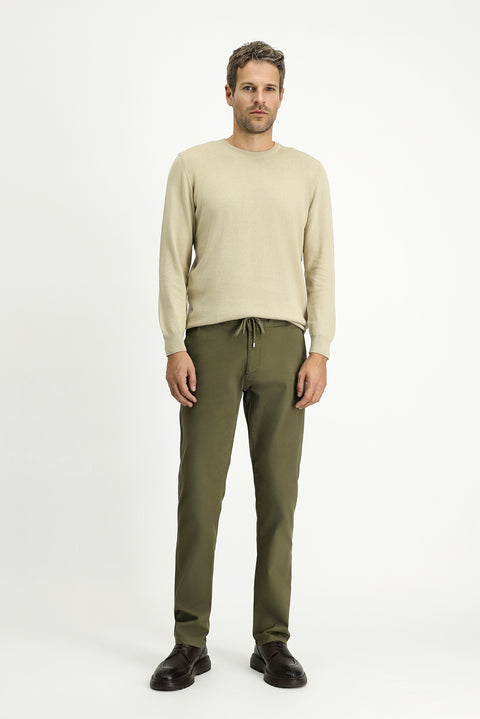 Military Green Regular Fit Standard Cut Lycra Elasticated Waist Drawstring Jogger Trousers