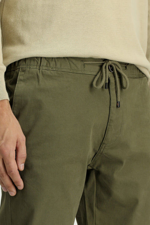Military Green Regular Fit Standard Cut Lycra Elasticated Waist Drawstring Jogger Trousers