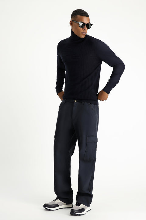 Black Regular Fit Standard Cut Lycra Elastic Waist Cargo Pants