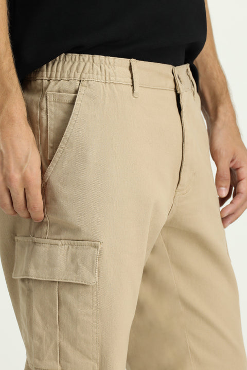 Açık Bej Regular Fit Standart Kesim Likralı Beli Lastikli Kargo Pantolon