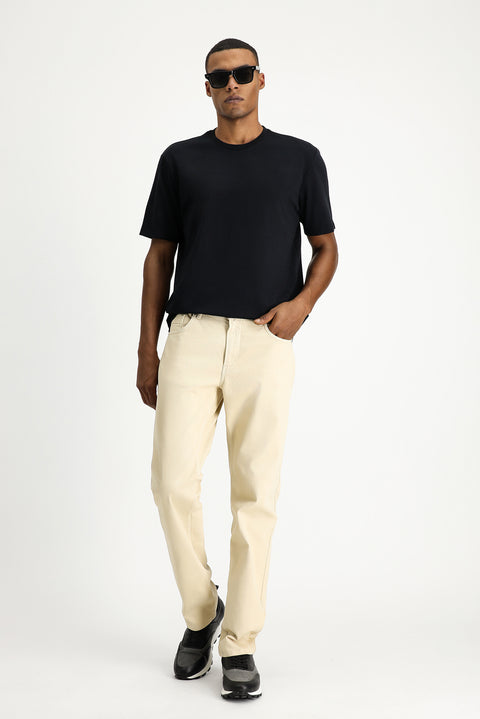 Ecru Regular Fit Standard Cut Lycra Canvas / Chino Trousers