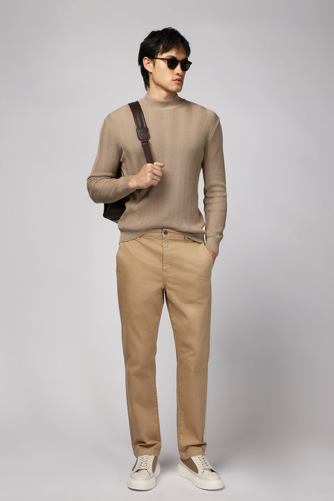 Mid-Beige Regular Fit Standard Cut Stretch Canvas / Chino Trousers
