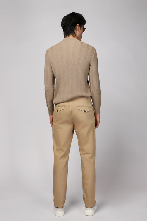Mid-Beige Regular Fit Standard Cut Stretch Canvas / Chino Trousers