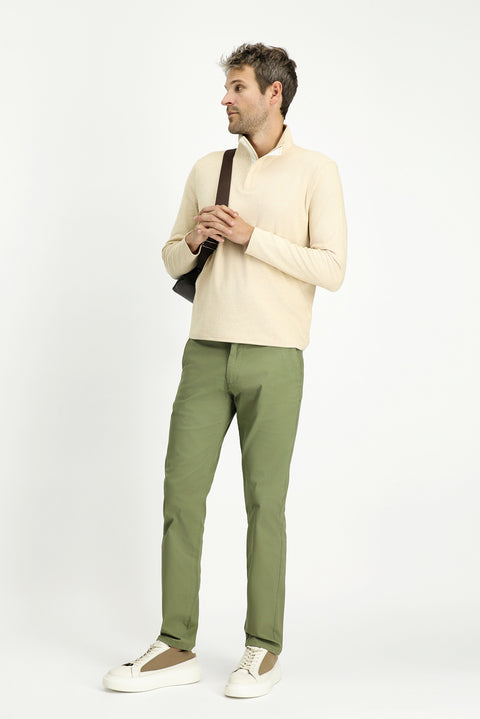 Oil Green-Olive Relaxed Fit Stretch Canvas / Chino Trousers