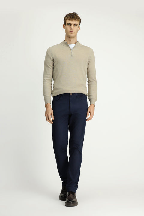 Mid Navy Slim Fit Patterned Stretch Canvas / Chino Trousers