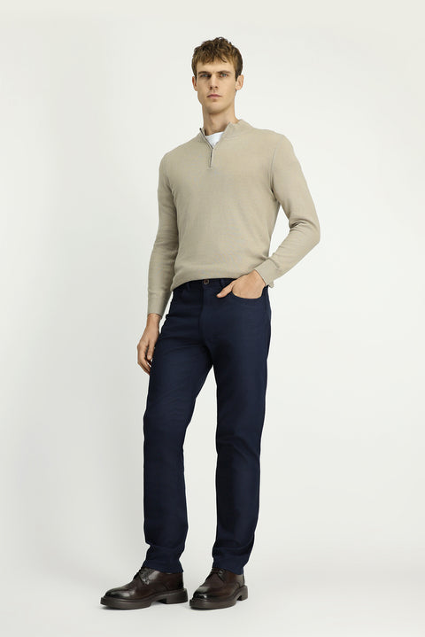 Mid Navy Slim Fit Patterned Stretch Canvas / Chino Trousers