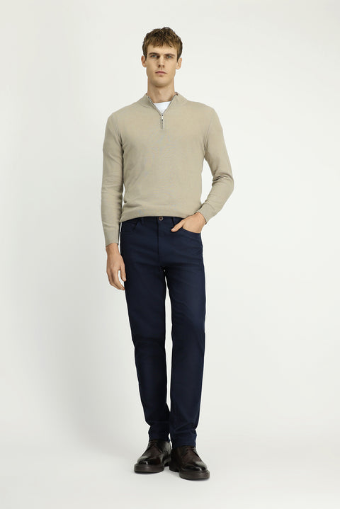 Medium Navy Regular Fit Standard Cut Patterned Lycra Canvas / Chino Trousers