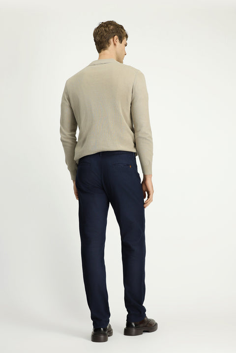 Medium Navy Regular Fit Standard Cut Patterned Lycra Canvas / Chino Trousers