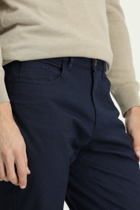 Medium Navy Regular Fit Standard Cut Patterned Lycra Canvas / Chino Trousers