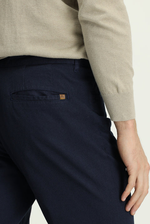 Medium Navy Regular Fit Standard Cut Patterned Lycra Canvas / Chino Trousers