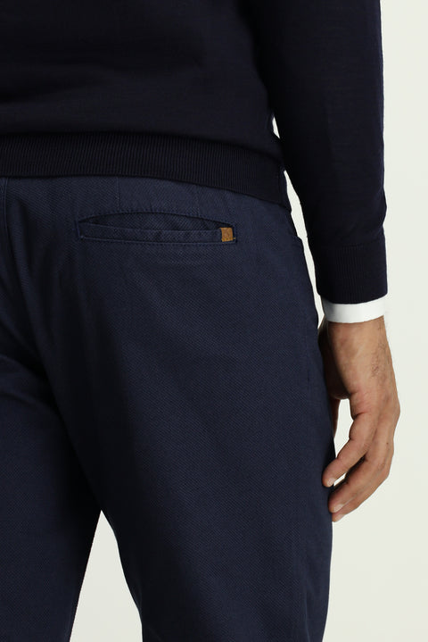 Mid Navy Slim Fit Patterned Stretch Canvas / Chino Trousers
