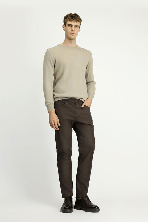 Mid Coffee Slim Fit Patterned Stretchy Canvas / Chino Trousers