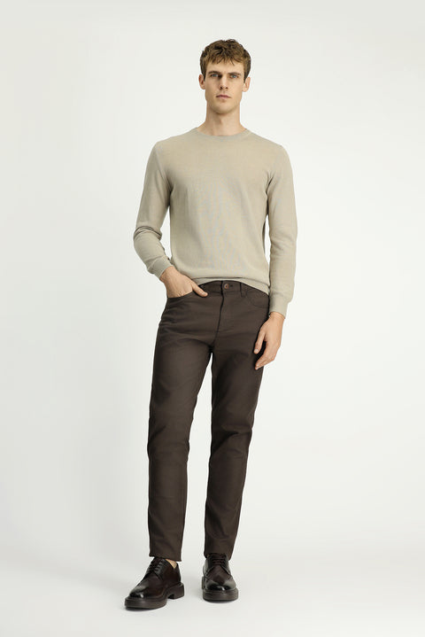 Mid Coffee Slim Fit Patterned Stretchy Canvas / Chino Trousers