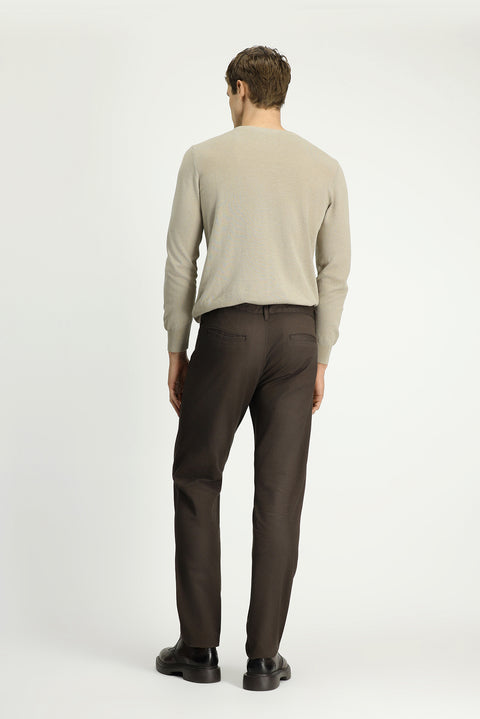 Mid Coffee Slim Fit Patterned Stretchy Canvas / Chino Trousers