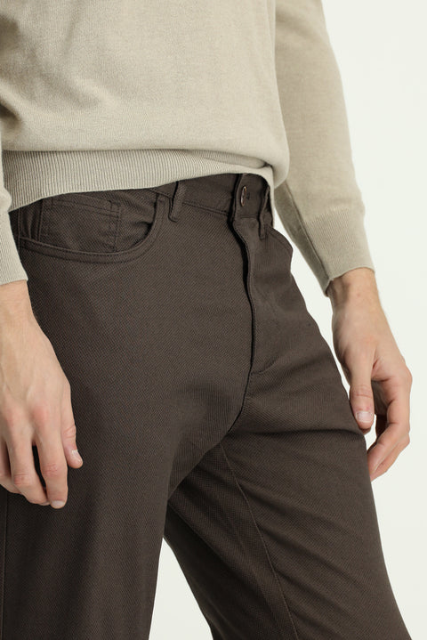 Mid Coffee Slim Fit Patterned Stretchy Canvas / Chino Trousers