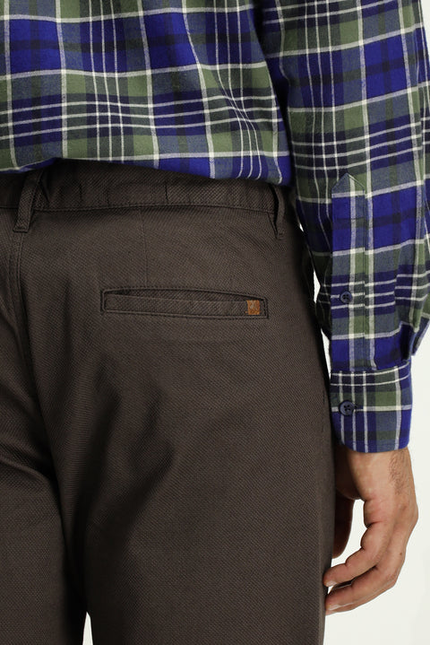 Mid Coffee Slim Fit Patterned Stretchy Canvas / Chino Trousers