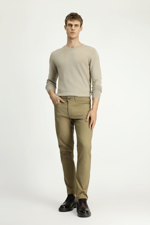 Medium Beige Slim Fit Patterned Stretch Canvas / Chino Trousers