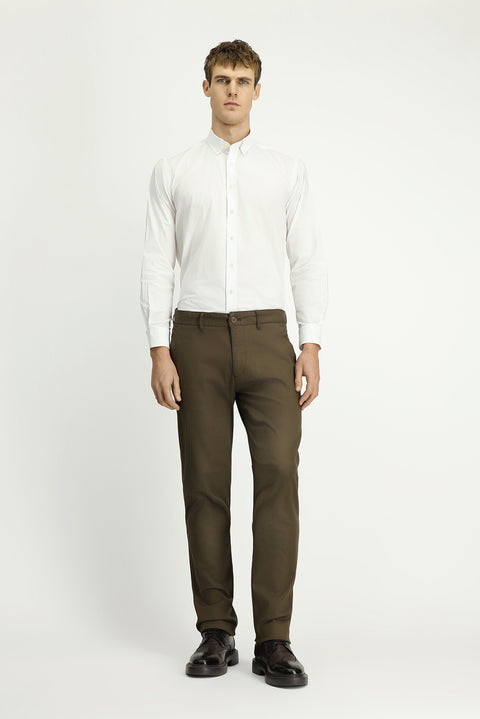 Dark Khaki Regular Fit Standard Cut Patterned Lycra Canvas / Chino Trousers