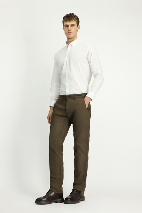 Dark Khaki Regular Fit Standard Cut Patterned Lycra Canvas / Chino Trousers