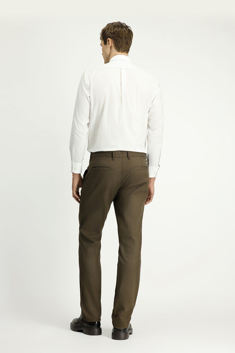 Dark Khaki Regular Fit Standard Cut Patterned Lycra Canvas / Chino Trousers