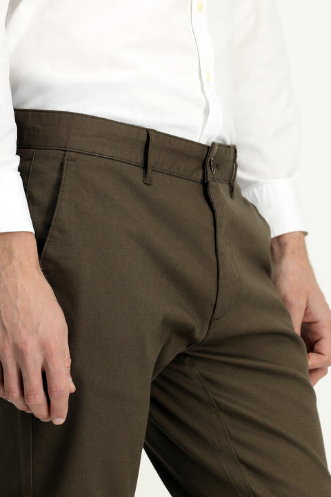 Dark Khaki Relaxed Fit Patterned Lycra Canvas / Chino Trousers