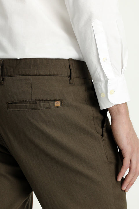 Dark Khaki Relaxed Fit Patterned Lycra Canvas / Chino Trousers