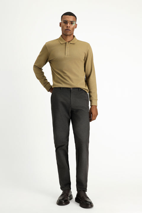 Dark Brown Regular Fit Standard Cut Lycra Patterned Canvas / Chino Trousers