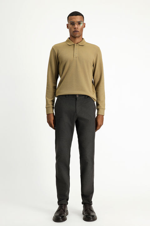 Dark Brown Relaxed Fit Stretch Patterned Canvas / Chino Trousers