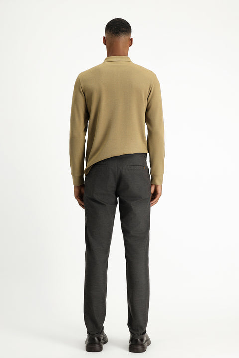 Dark Brown Relaxed Fit Stretch Patterned Canvas / Chino Trousers