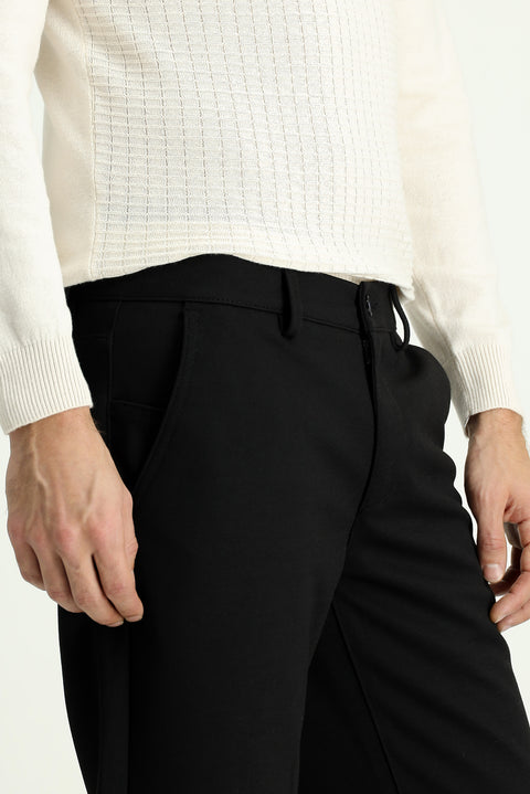 Black 7 Drop Slim Fit Narrow Cut Lycra Knit Classic Fabric Trousers